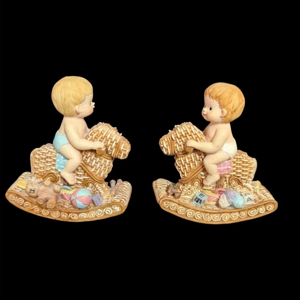 Two Baby Figurines Riding Rocking Horse‎ Vintage Decor 3.5" Nursery